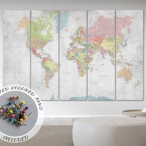 Mapa del mundo con países de colores pastel, decoración de pared grande con chinchetas, mapa del mundo, arte de pared, impresión en lienzo, decoración para sala de estar, regalo de inauguración de la casa