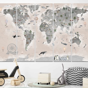 Art mural carte du monde pour enfants, aquarelle personnalisée éducative - Carte du monde animal, décoration murale pour chambre d'enfants, art mural pour chambre d'enfant, salle de jeux