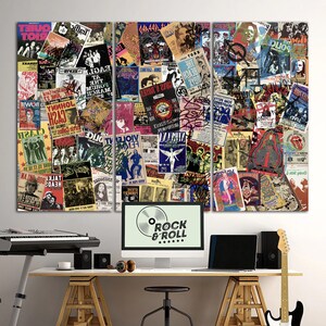 K&ouml;nnte beinhalten: Eine Collage aus Vintage-Rock'n'Roll-Konzertplakaten. Die Poster zeigen Bands wie The Clash, Johnny Cash und The Police. Die Poster sind in einem zuf&auml;lligen Muster angeordnet und alle in verschiedenen Farben. Die Collage ist gerahmt und bereit zum Aufh&auml;ngen.