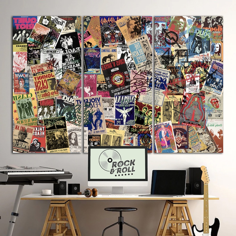 K&ouml;nnte beinhalten: Eine Collage aus Vintage-Rock'n'Roll-Konzertplakaten. Die Poster zeigen Bands wie The Clash, Johnny Cash und The Police. Die Poster sind in einem zuf&auml;lligen Muster angeordnet und alle in verschiedenen Farben. Die Collage ist gerahmt und bereit zum Aufh&auml;ngen.