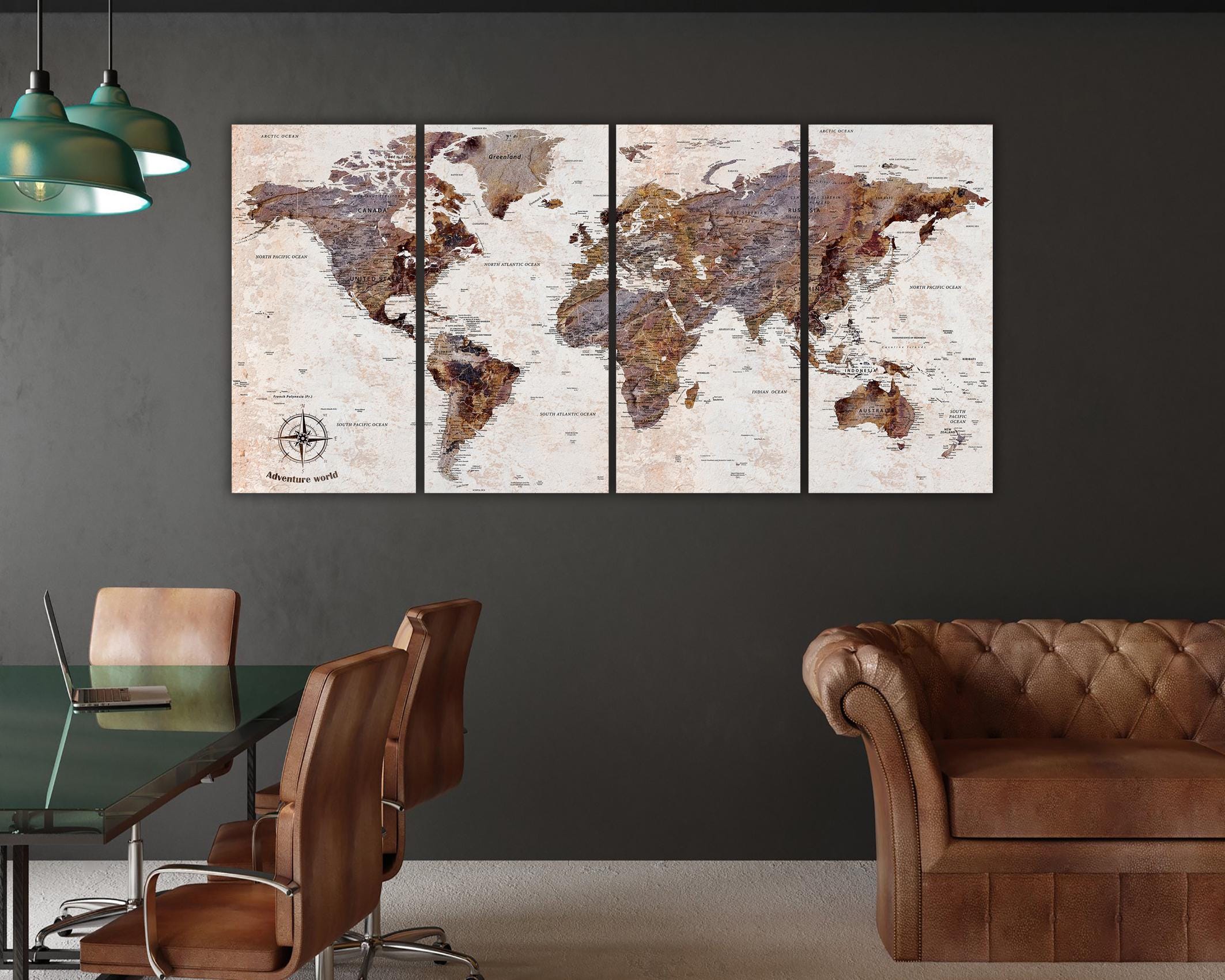 Rustic World Map Canvas Print – Vintage-style Triptych Wall Art for ...