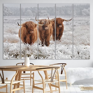 Large Wall Art Highland Cattle Canvas Print Scottish Shaggy Cows Print Farm Animal Poster Farmhouse Wall Decor Rustic Decor Cattle Wall Art