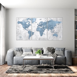 Mapa del mundo abstracto, arte de pared, lienzo, decoración del hogar, decoración de la sala de estar, mapa del mundo, arte de pared, mapa de viaje con chinchetas, regalo personalizado, mapa del mundo azul