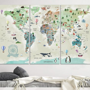 Art mural pour enfants aventure, carte du monde personnalisée, impression sur toile, carte du monde avec monuments animaux arbres 1er anniversaire de garçon, cadeau décoration murale pour enfants