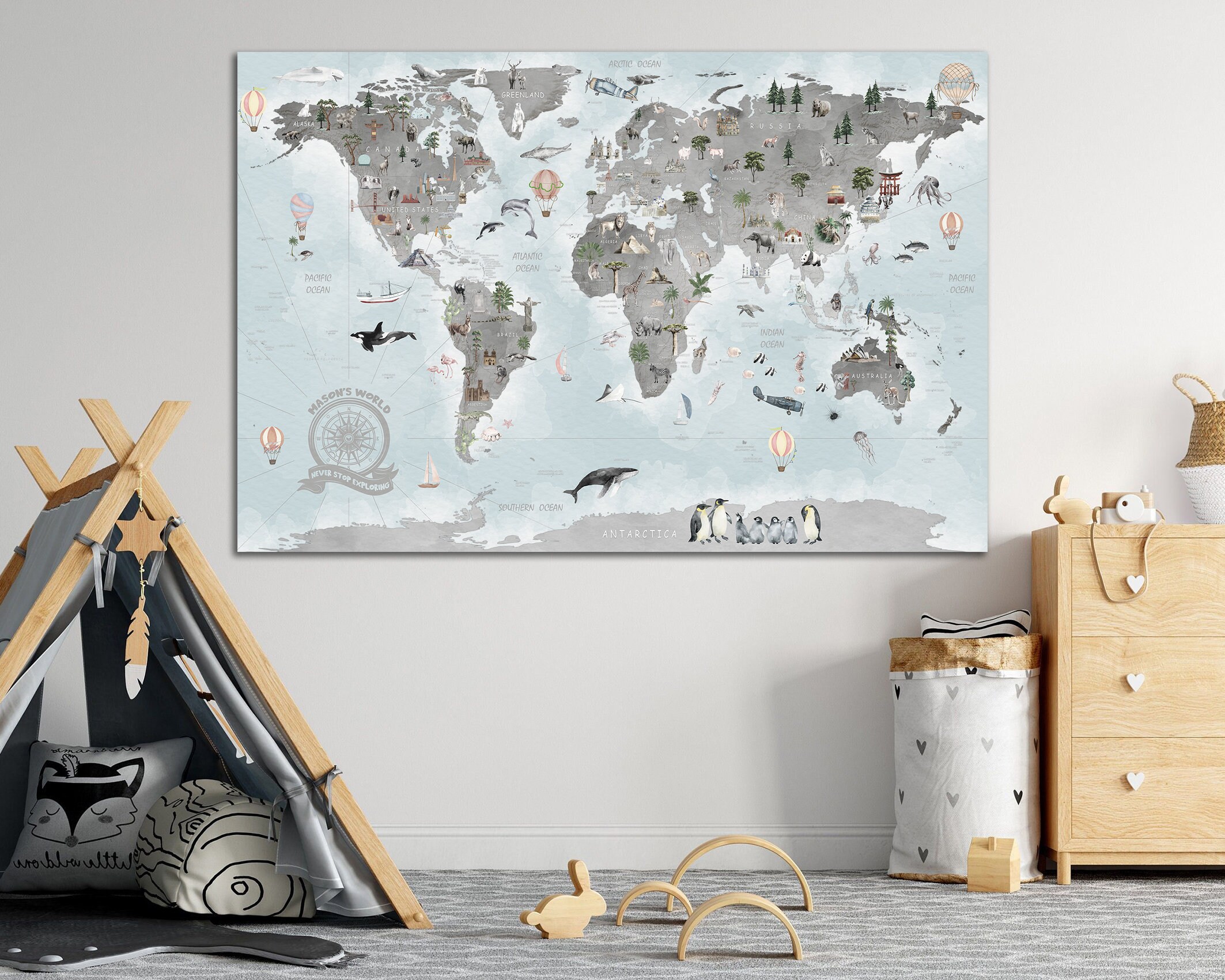 Exploring World Map Kids Wall Art Print on Canvas Personalized With