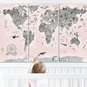 Kinder Wand Kunst Tier Karte Leinwand personalisiertes Geschenk fertig zum Aufhängen Rosa Lernwand Kunst Weltkarte Wanddeko Kinderzimmer Wandkunst Vorschule