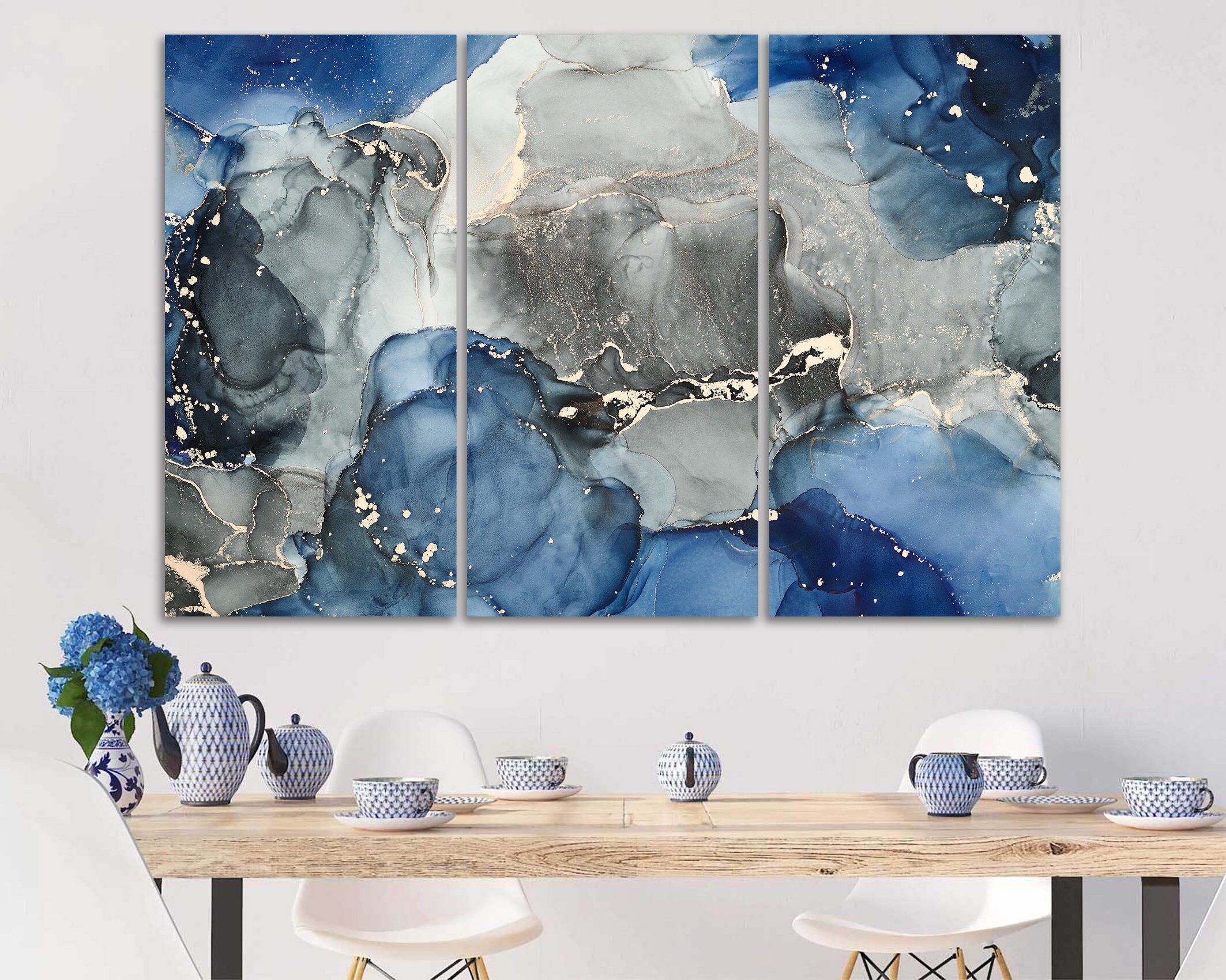 Blue Grey Wall Art Abstract Marbling Canvas Print Home Living Etsy