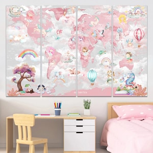 Mapa de pared rosa, decoración de habitación de niña, arte de pared de fantasía, lindo unicornio arcoíris, mapa educativo para niños, arte de pared, impresión en lienzo, sala de juegos, guardería, caprichoso