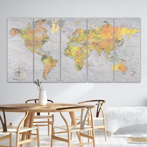 Carte du monde, impression aquarelle, toile d'art moderne gris orange, grande décoration de voyage pour bureau, salon, carte à épingles