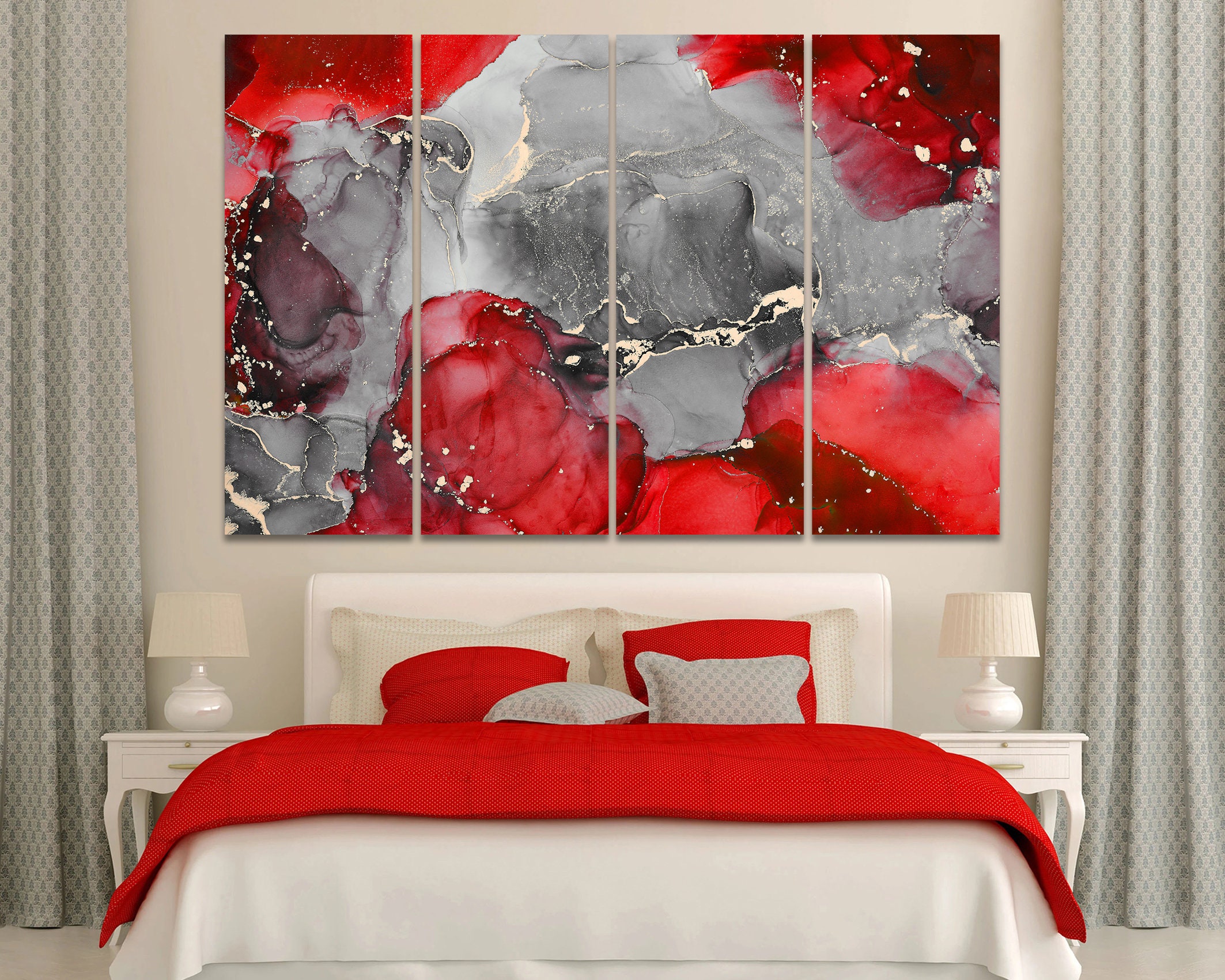 Red Grey Wall Decor Abstract Art Canvas Print Home Living Room Etsy