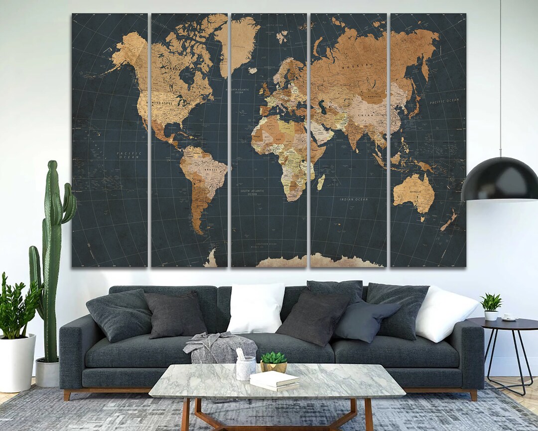 Detailed World Atlas Canvas Print Wall Decor Dark Vintage Travel Map ...