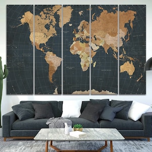 Atlas du monde détaillé toile art punaises voyage carte du monde sombre art mural cadeau de voyage carte du monde impression sur toile décoration d'intérieur décoration murale vintage