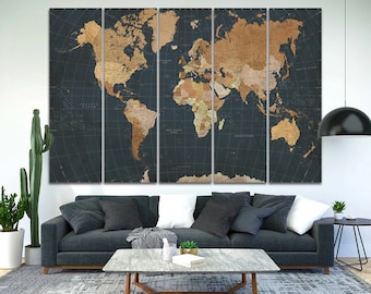 Detailed World Atlas Canvas Print Wall Decor Dark Vintage Travel Map Wall Art