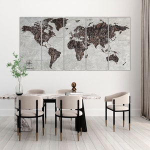 Mapa del mundo marrón abstracto, arte de pared, lienzo, decoración para sala de estar, mapa del mundo, arte de pared grande, mapa de viaje con chinchetas, regalo personalizado, mapa con leyenda