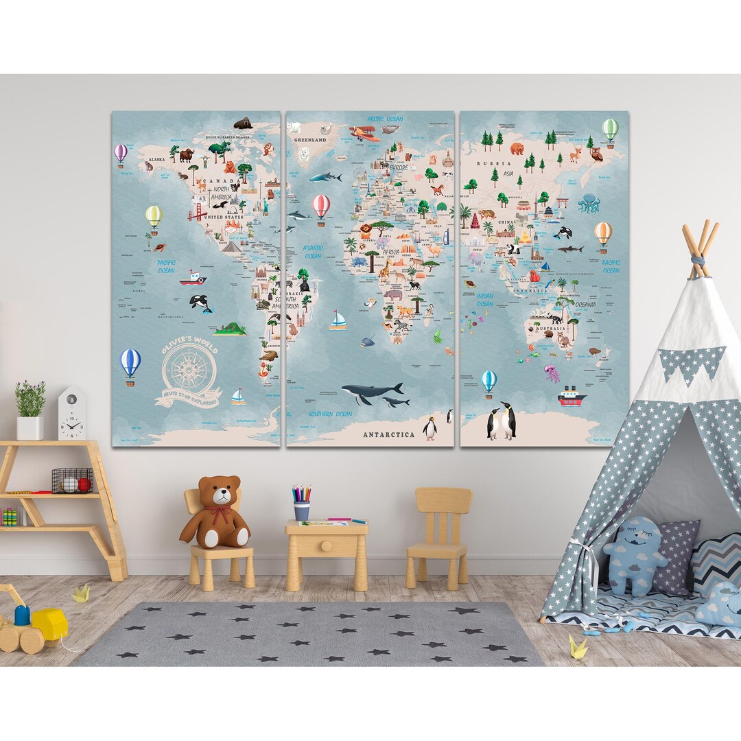 Animal Map Wall Art - Kids World Map Canvas Print for Playroom Decor - Etsy