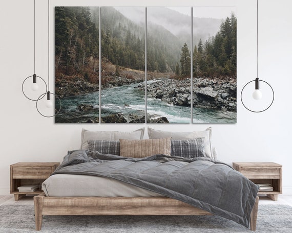 Mountain River Wall Art Large Canvas Print Mountain Nature Painting Wall Art Printed Canvas Landscape Canvas Mountain Forest Home Wall Decor