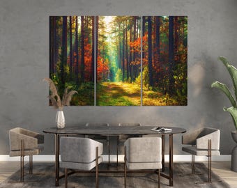 Sunlit Forest Canvas Wall Art, Large Woodland Print on Stretched Canvas, Modern Nature Decor for Living Room