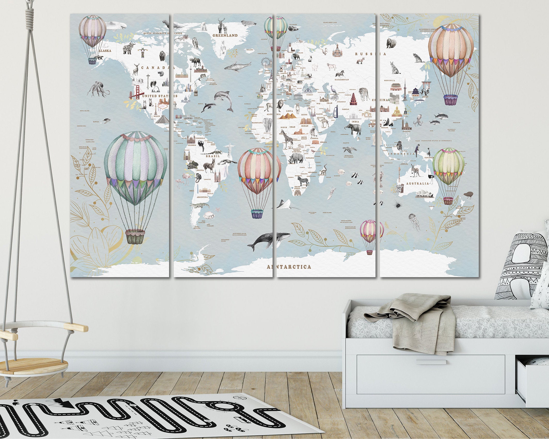 Vintage World Map Canvas Wall Art Kids Nursery Decor Animal Map Print ...