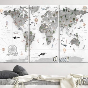 Dierenwereldkaart kindermuurkunst canvas gepersonaliseerde kinderen reiskaart cadeau voor kinderen muurdecor kinderkamer decor cadeau voor kleine jongen onderwijs