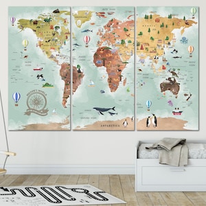 Fernweh Weltkarte Karte für Kinderzimmer Homeschooling Weltkarte Reise Home Dekor Karte der Welt Leinwanddruck Geschenk für Kinder