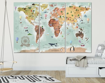 Wanderlust World Map Printable Kids World Map Nursery Homeschooling World Map Travel Home Decor Kids Map of World Canvas Print Gift for Kids