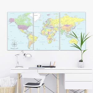 Kleurrijke wereldkaart canvas educatieve drieluik print voor kinderkamer of klas decor wereldkaart kinderkamer creatieve werkruimte muurkunst