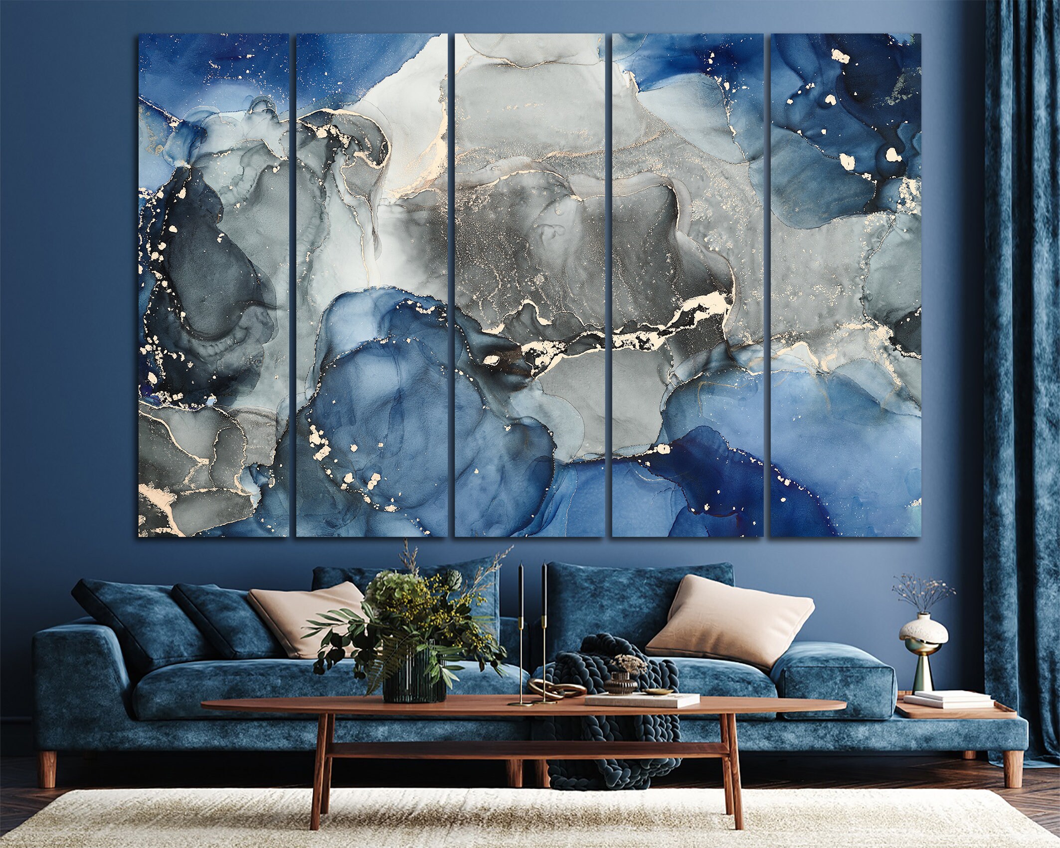 Blue Grey Wall Art Abstract Marbling Canvas Print Home Living Room Wall