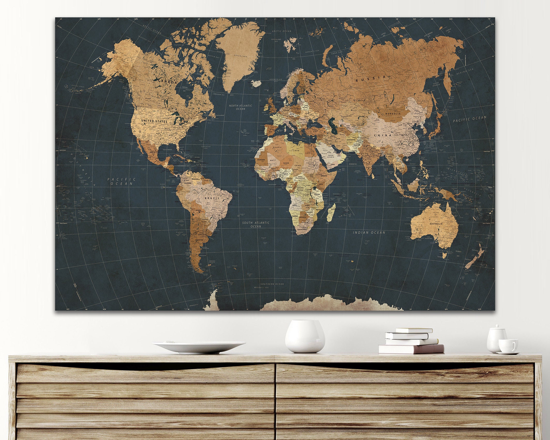 Detailed World Atlas Canvas Print Wall Decor Dark Vintage Travel Map ...