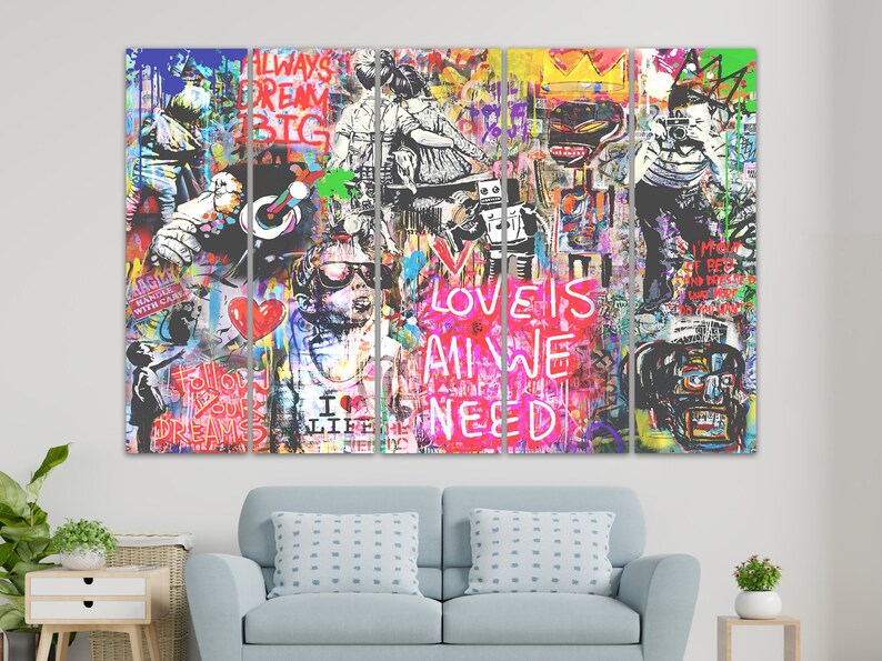 May include: A multi-panel canvas art print with a colourful graffiti style design. The print features bold text, including "Love is All We Need", "Follow Your Dreams", and "Always Dream Big".