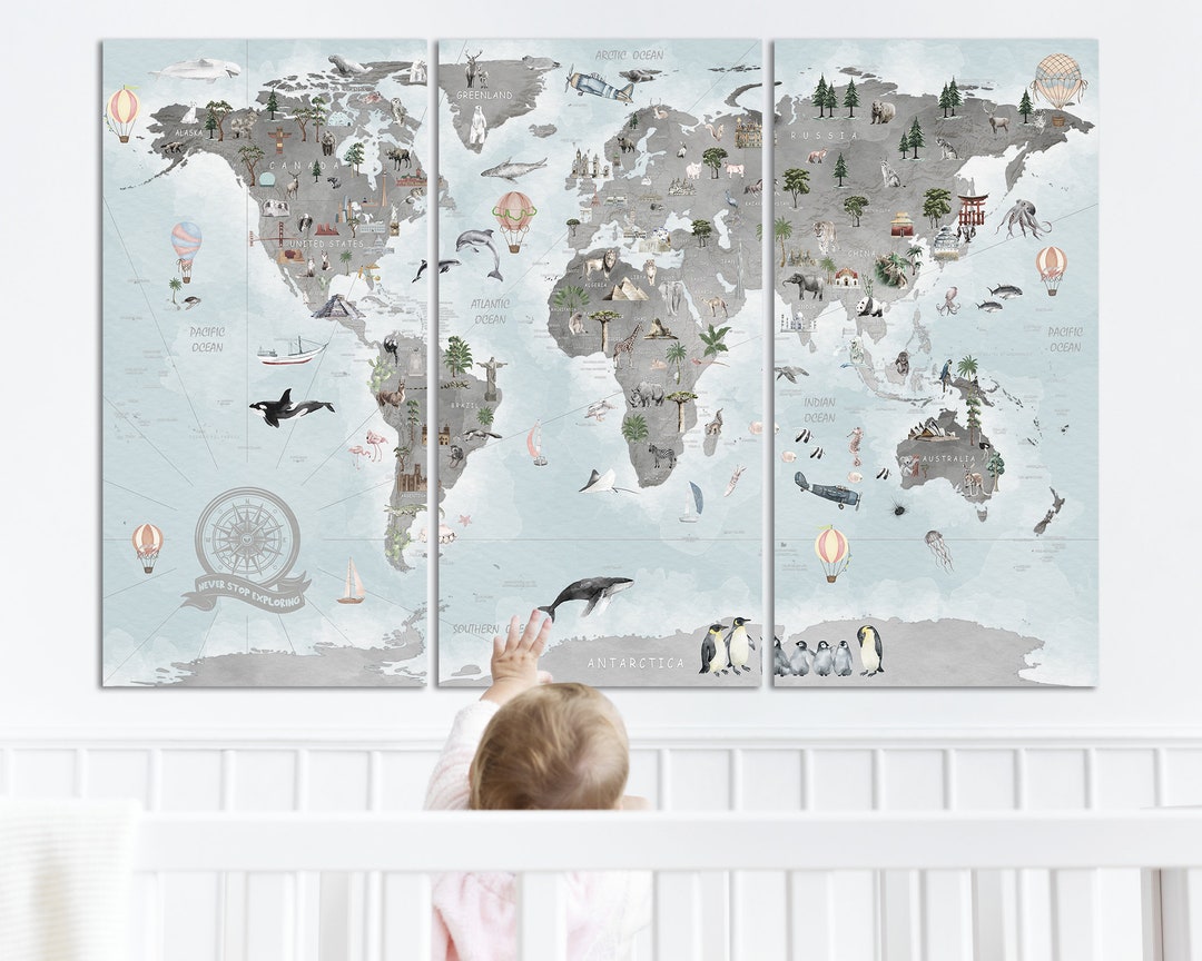 Exploring World Map Kids Wall Art Print on Canvas Personalized With ...