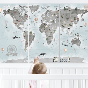 Impression d'art mural carte du monde pour enfants personnalisée avec le nom de l'enfant, prêt à accrocher, art mural éducatif, carte du monde animal, décoration murale pour enfants d'âge préscolaire