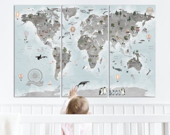 Kids World Map Wall Art Print Canvas Personalized with Kid Name Ready to Hang Educational Wall Art Animal World Map Pre School Wall Decor