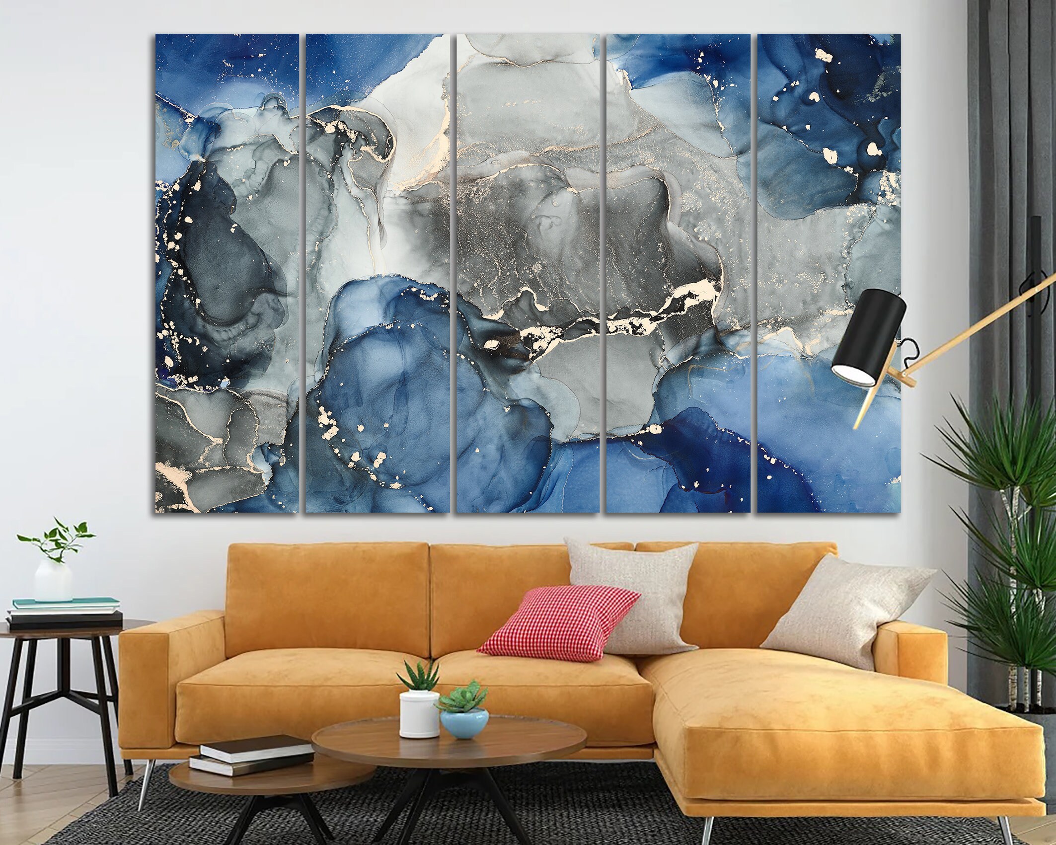Blue Grey Wall Art Abstract Marbling Canvas Print Home Living Room Wall