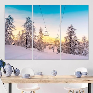 Arte em tela para estação de esqui na montanha, decoração de parede para esqui, presente para um esquiador, arte de parede grande, teleférico de inverno, arte de parede em tela