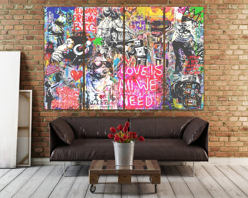 May include: A multi-panel canvas print with a graffiti-style design. The print features a variety of colours, including red, blue, green, yellow, and black. The print also features a variety of text, including "Always Dream Big", "Love is All We Need", and "Follow Your Dreams".