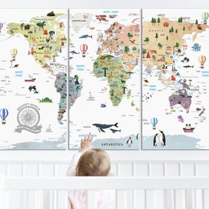 Pastellfarbene Weltkarte Kinder Wand Dekor Tiere Weltkarte Baby Geburtstag Geschenk Kinderzimmer Weltkarte Kunst Illustrierte Weltkarte Wohnkultur