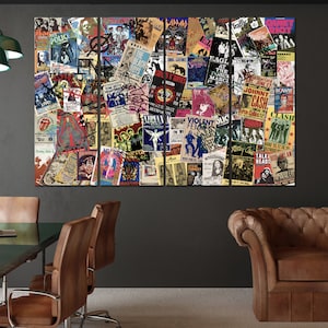 K&ouml;nnte beinhalten: Eine Collage aus Vintage-Konzertplakaten mit verschiedenen Rockbands und Musikern, darunter The Police, Quiet Riot, Johnny Cash und The Clash. Die Poster sind in einem Raster angeordnet und zeigen eine Vielzahl von Farben und Schriftarten.