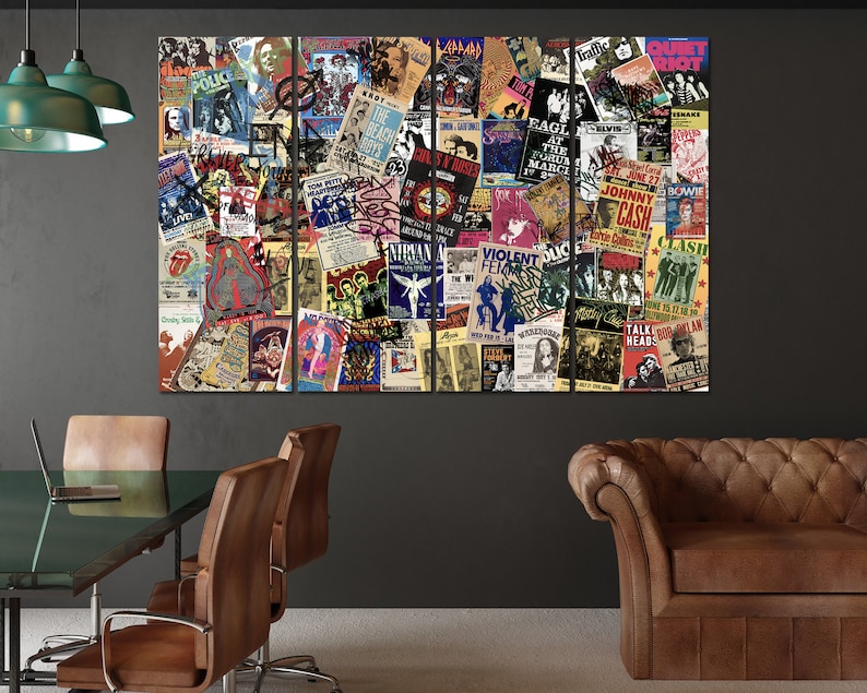 K&ouml;nnte beinhalten: Eine Collage aus Vintage-Konzertplakaten mit verschiedenen Rockbands und Musikern, darunter The Police, Quiet Riot, Johnny Cash und The Clash. Die Poster sind in einem Raster angeordnet und zeigen eine Vielzahl von Farben und Schriftarten.