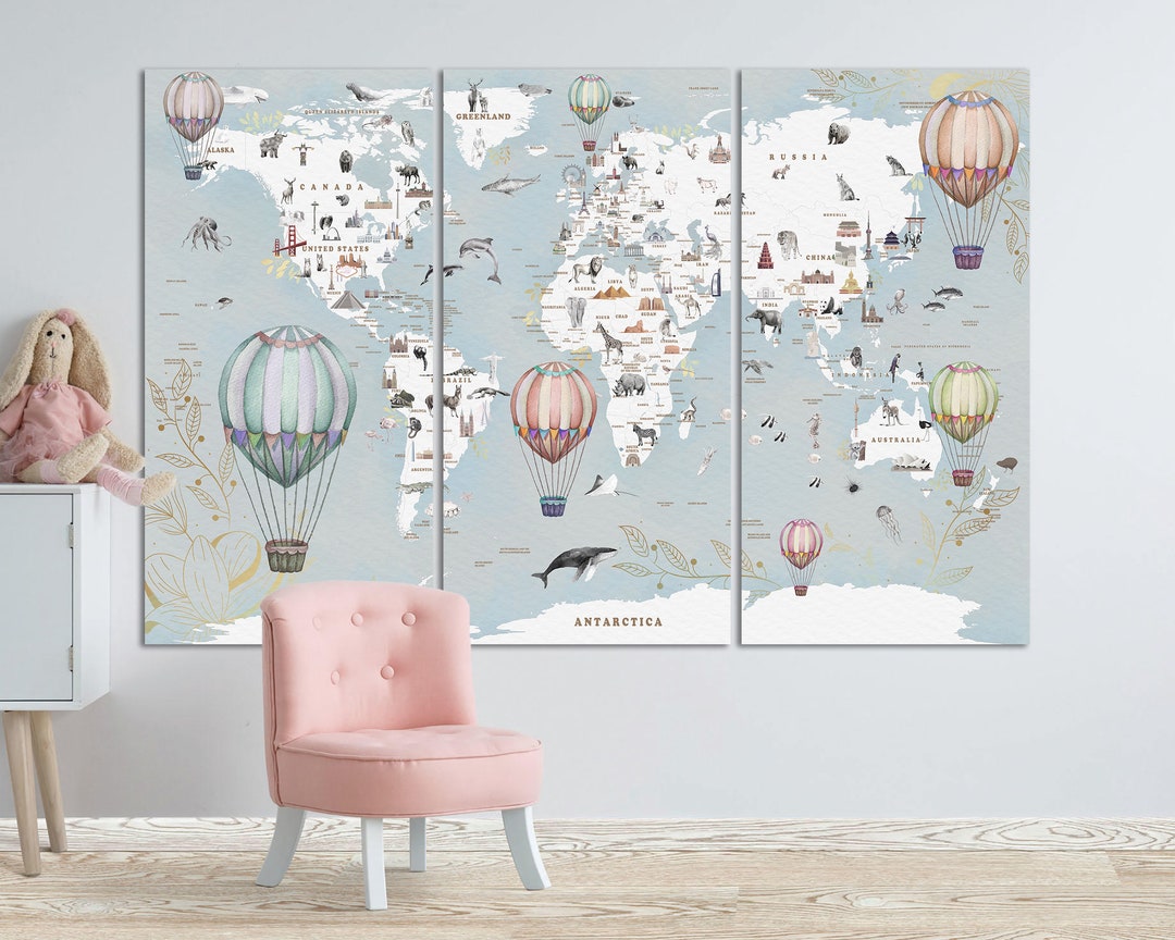 Vintage World Map Canvas Wall Art Kids Nursery Decor Animal Map Print ...