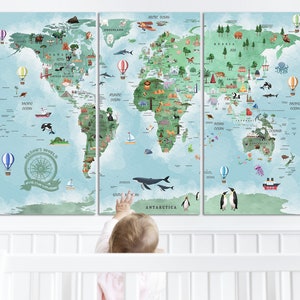 Carte du monde pour enfants, impression sur toile, carte du monde avec animaux et monuments, cadeau personnalisé pour enfant, anniversaire, enseignement à domicile, art mural pour chambre d'enfant