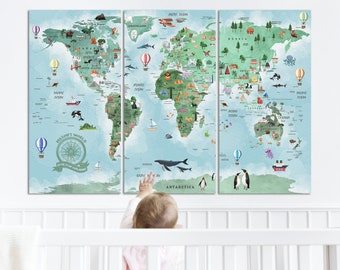 Kids Map of World Canvas Print World Map with Animals and Monuments Personalized Gift for Kids Birthday Homeschooling Gift Nursery Wall Art
