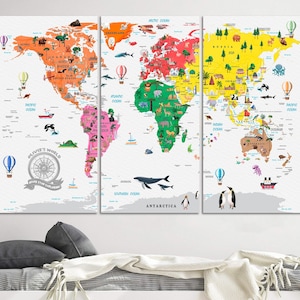 Montessori Schoolings Wall Art Map Print Kids World Map Nursery Wall Decor Home Playroom Decor Kids Map of World Canvas Print Gift for Kids
