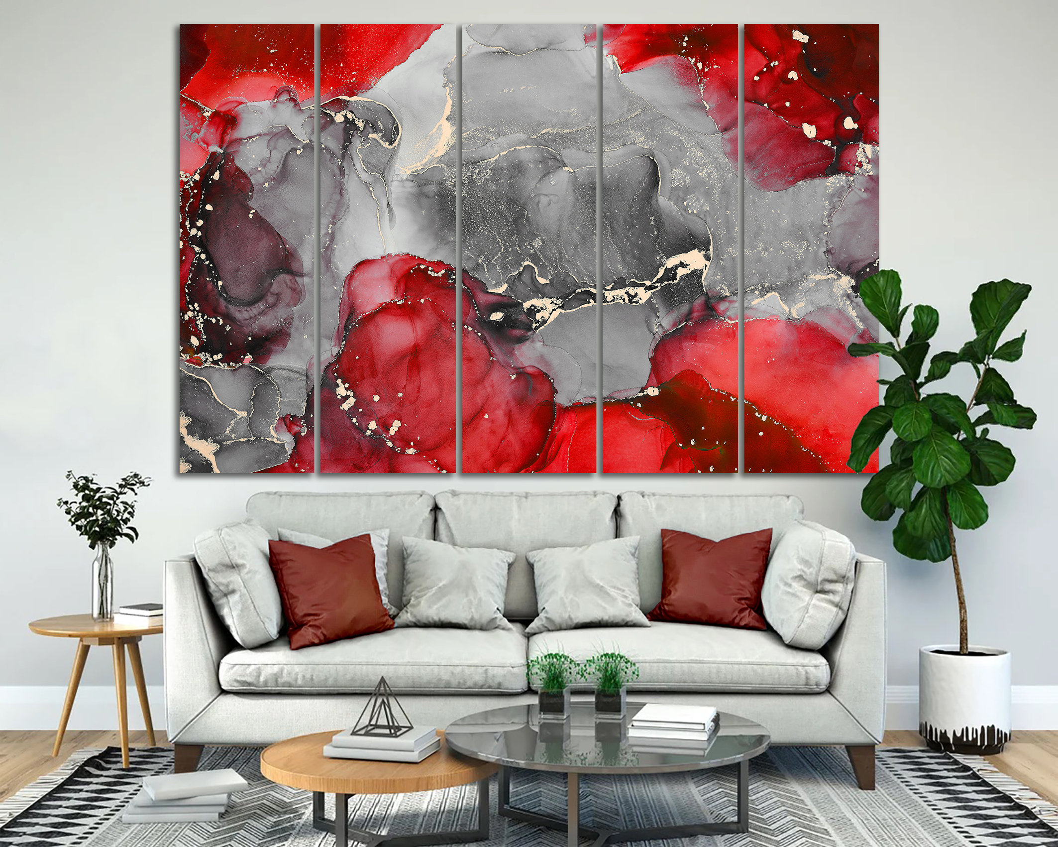 Red Grey Wall Decor Abstract Art Canvas Print Home Living Room Etsy