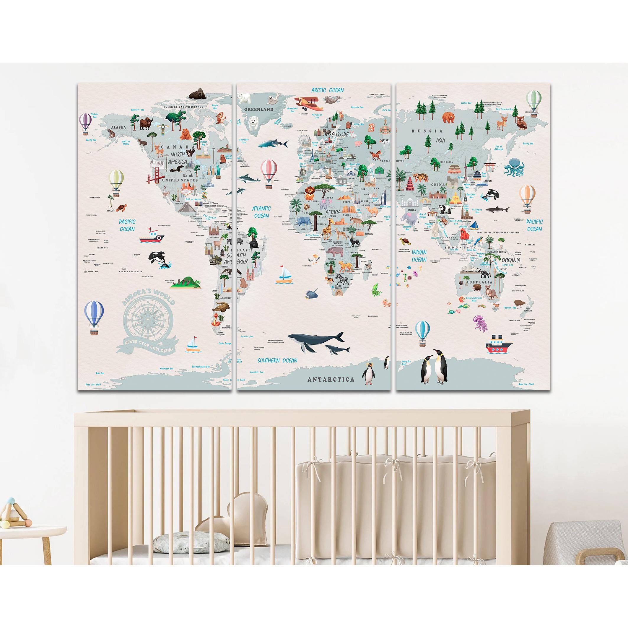 Animal Map Wall Art Kids World Map Canvas Print for Nursery Playroom ...
