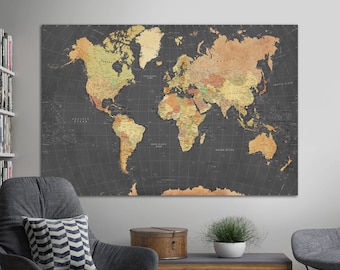 World Map Large Wall Art Canvas Print Push Pin Map to Mark Travels Dark Vintage Wall Decor Housewarming Gift
