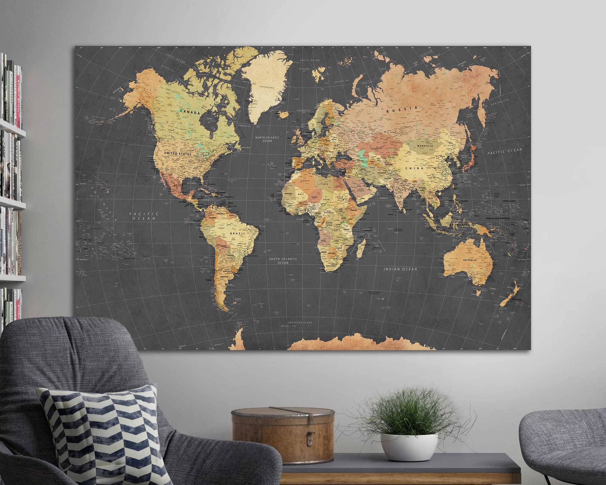 World Map Large Wall Art Canvas Print Push Pin Map to Mark Travels ...