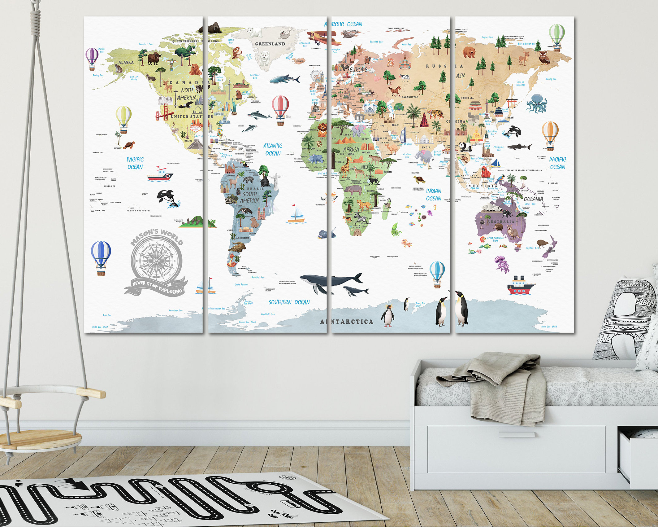 Pastel Educational World Map Kids Wall Room Decor Animal World Map Baby ...
