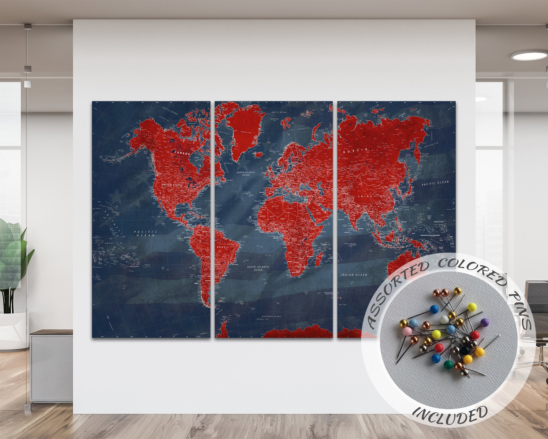 Blue Red White Wall Art Large World Map Print Wall Decor Etsy