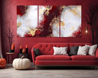 Elegant Red & Gold Abstract Triptych Canvas – Luxury Modern Wall Art Bold Chic Home Decor - Burgundy Wall Art Wine Red Wall Art Canvas Print