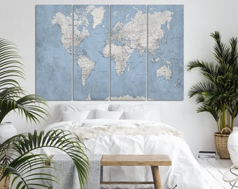 World Map Large Art Canvas Home Decor Anniversary Gift Blue Map Wall Art Canvas Art World Atlas Art Travel Pin Map of World Wall Decor